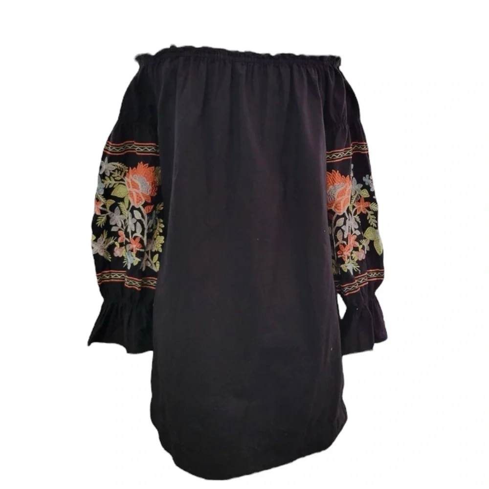 FREE PEOPLE Fleur du Jour Embroidered Off-Shoulder Dress in Black Size Medium - Picture 4 of 8